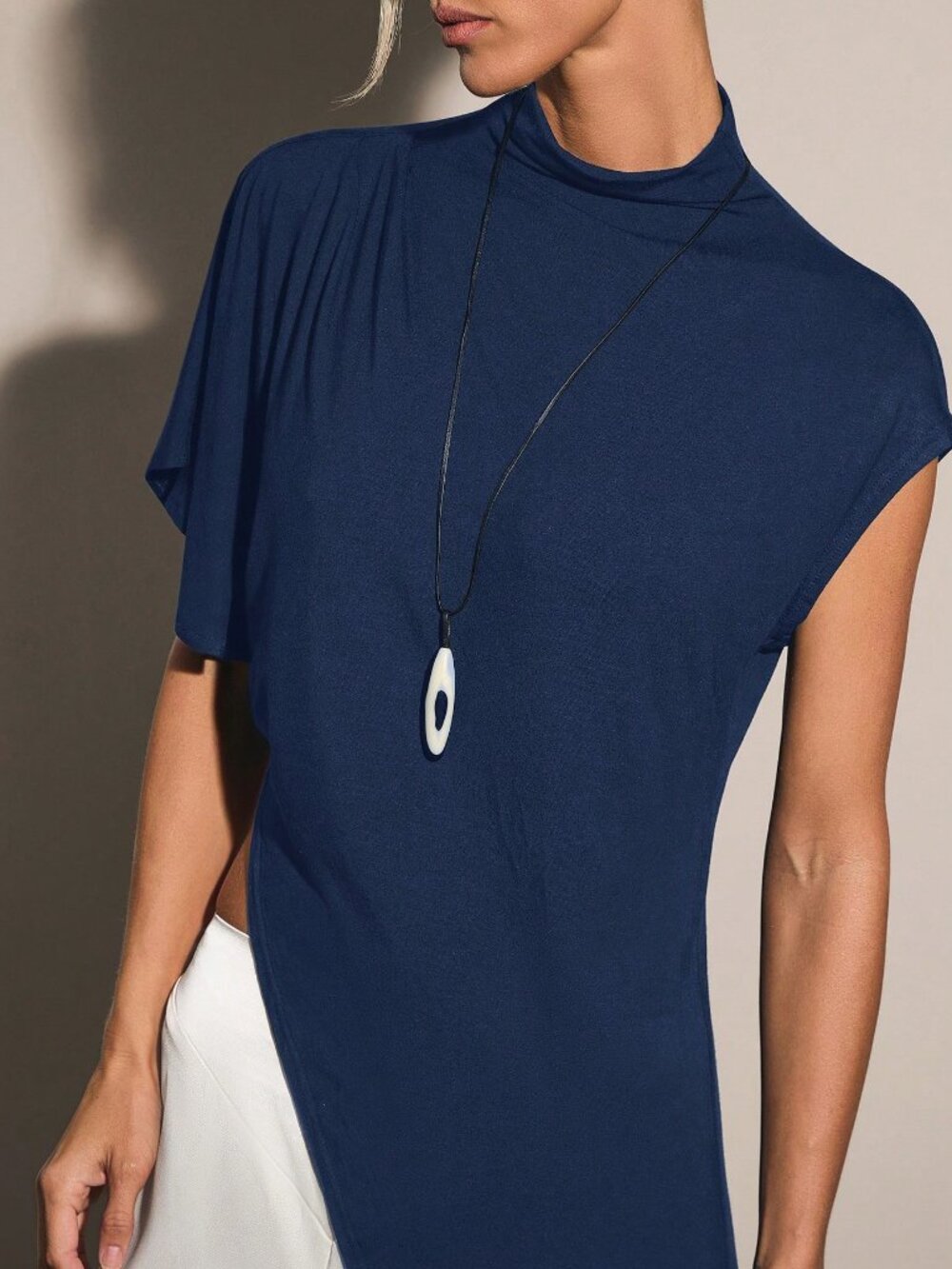 Navy Blue Casual Women's Stand Collar Asymmetrical Hem Top - Picture 4 of 5
